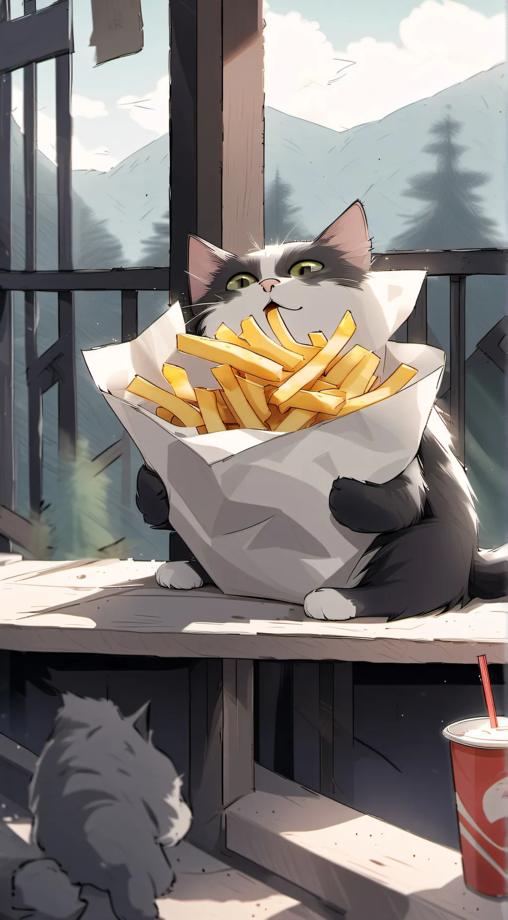 ai character: Cat eating ur fry background