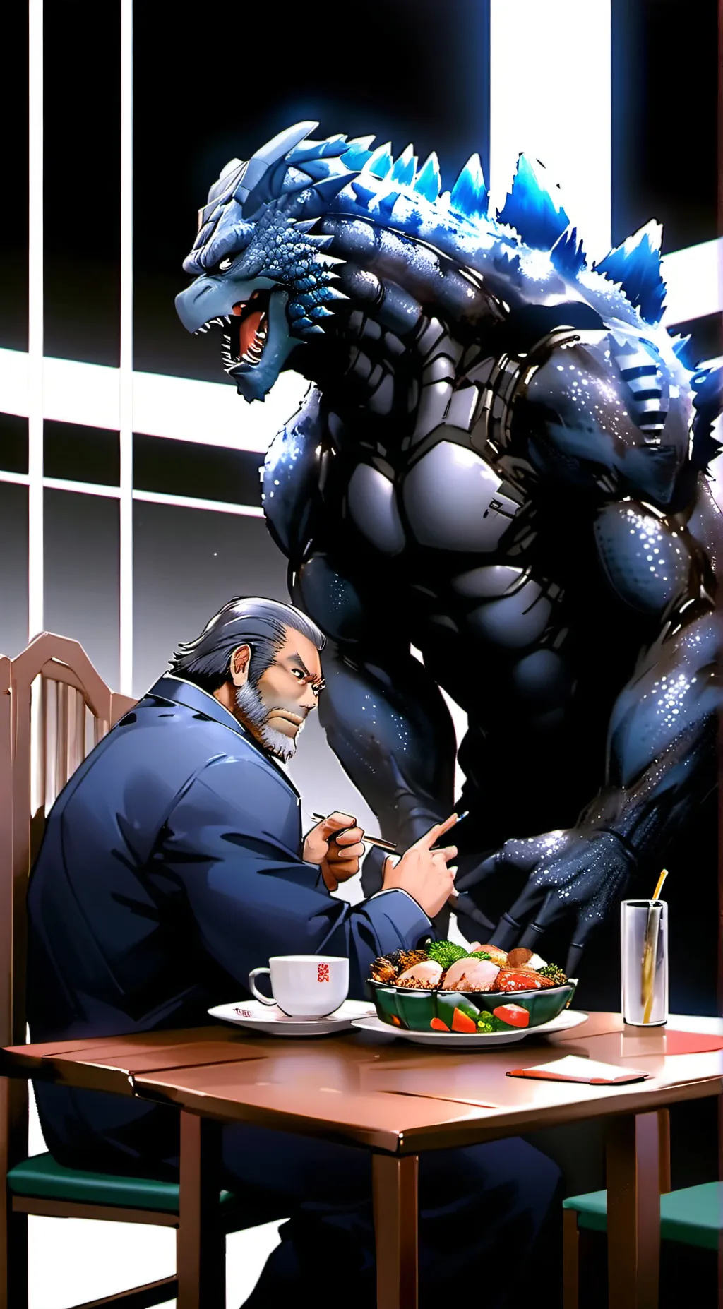 ai character: Godzilla Cyborg  background