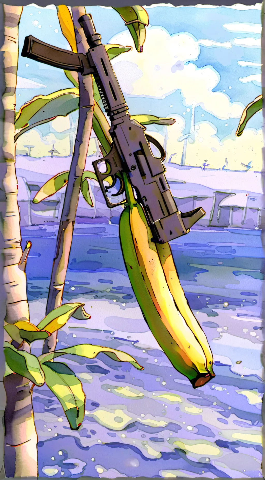 ai character: Banana with gun  background