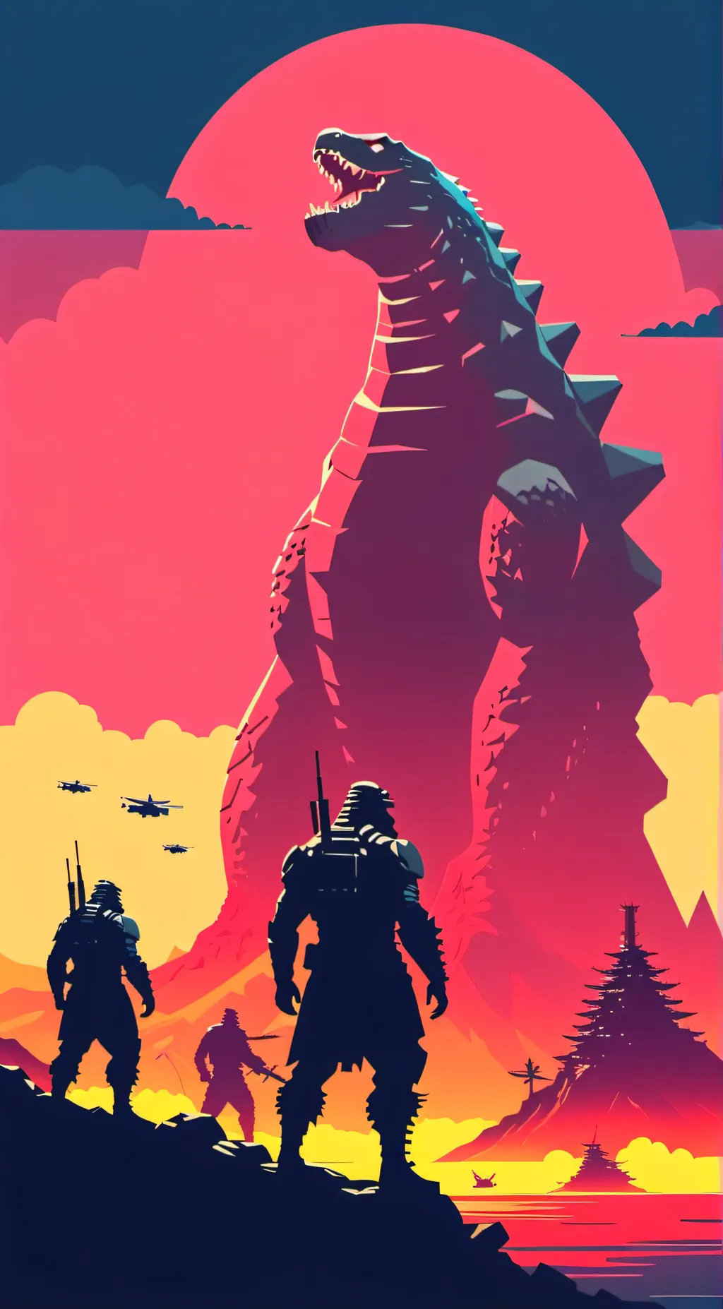 ai character: Kin VS Godzilla background