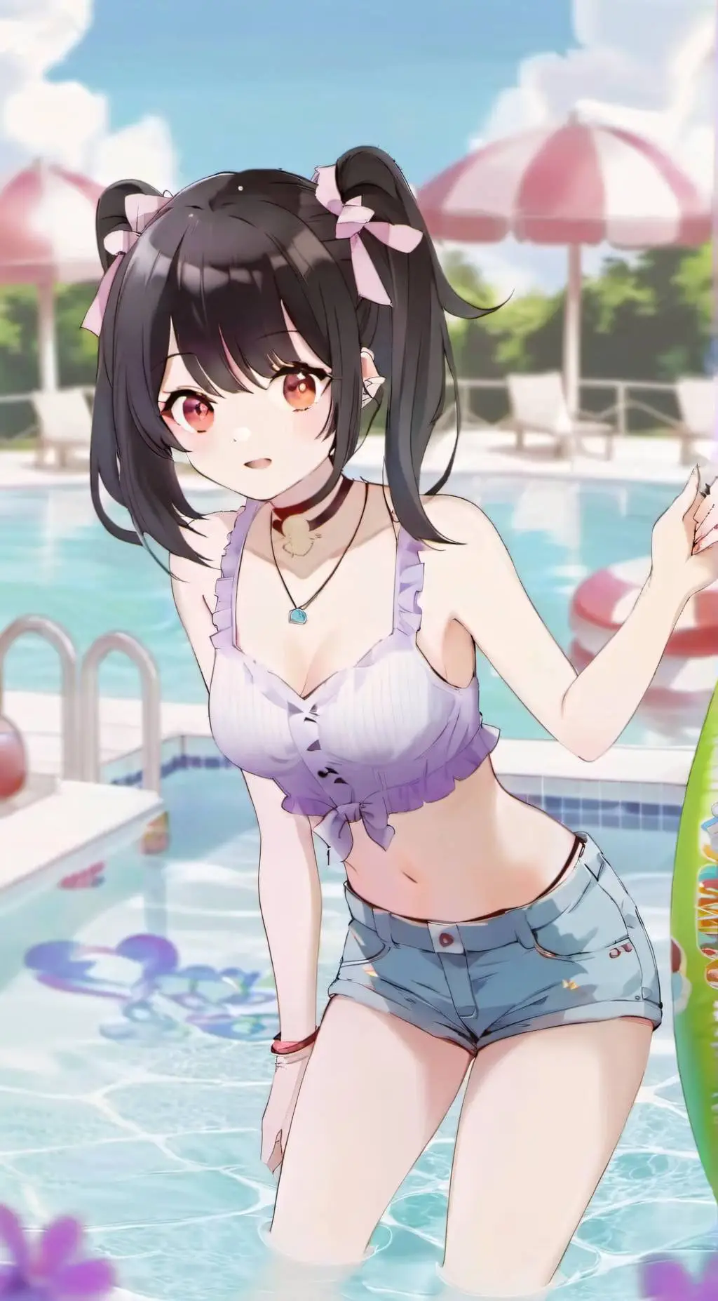 ai character: yumi in swimsuit  background