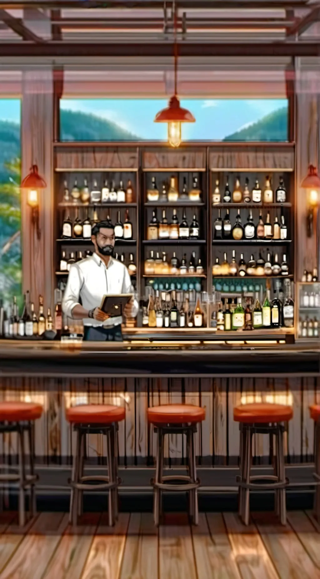 ai character: eva at a pub background