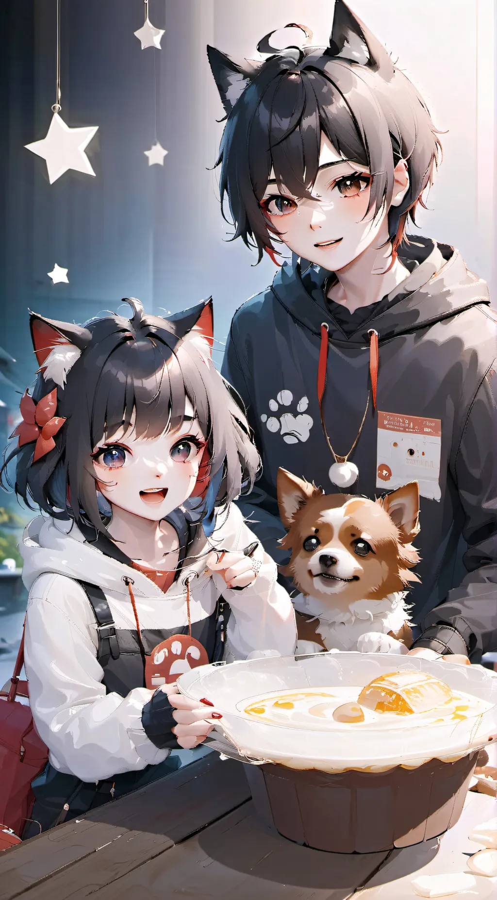 ai character: cat and dog  background