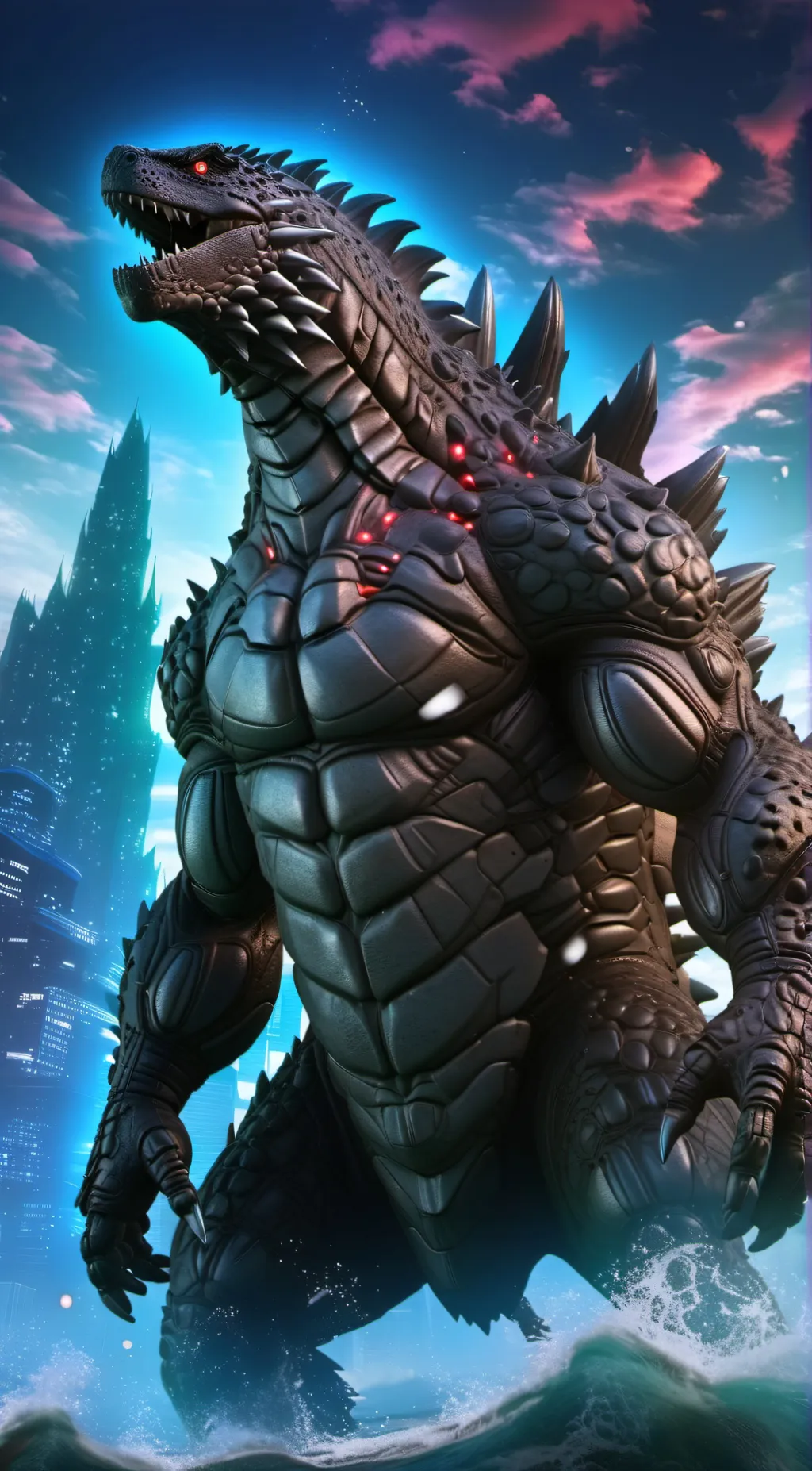 ai character: "evolved Godzilla" background