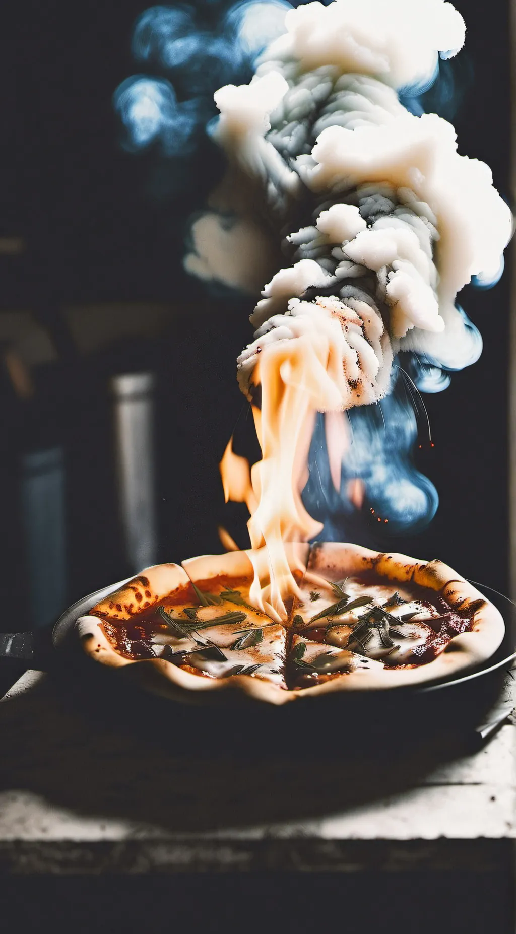 ai character: burning pizza background