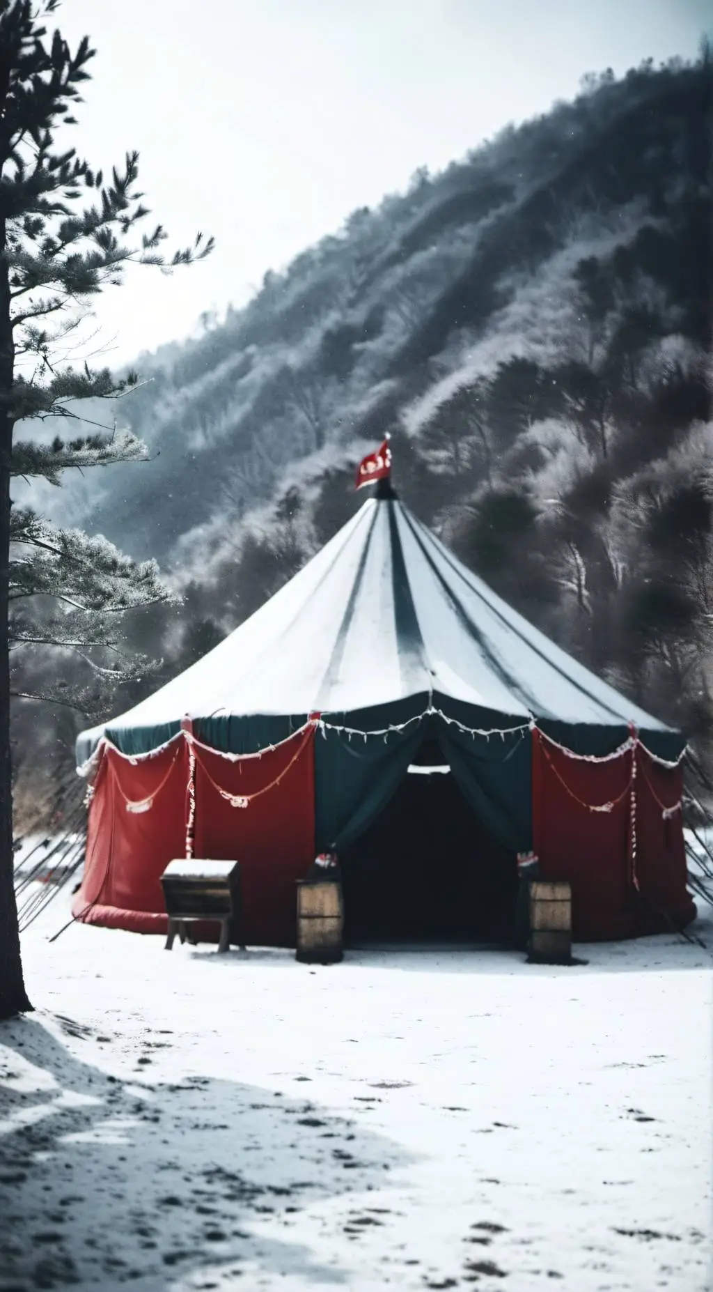 ai character: A snowy circus background