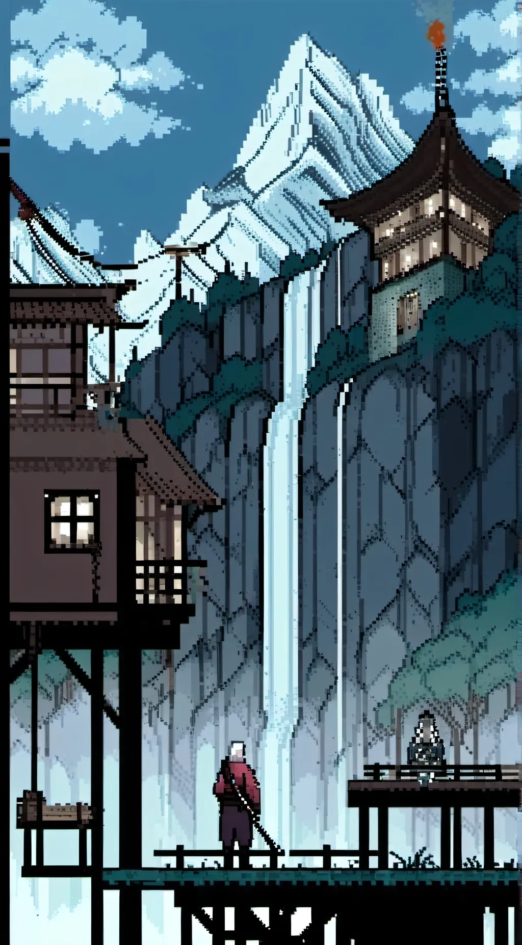 ai character: Pixelated village background