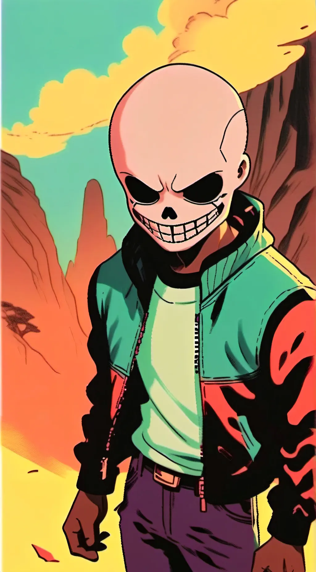 ai character: sans in the desrot background
