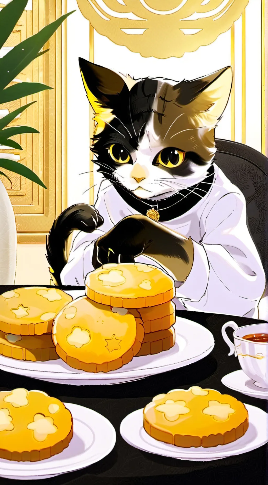 ai character: cat eat cookie background