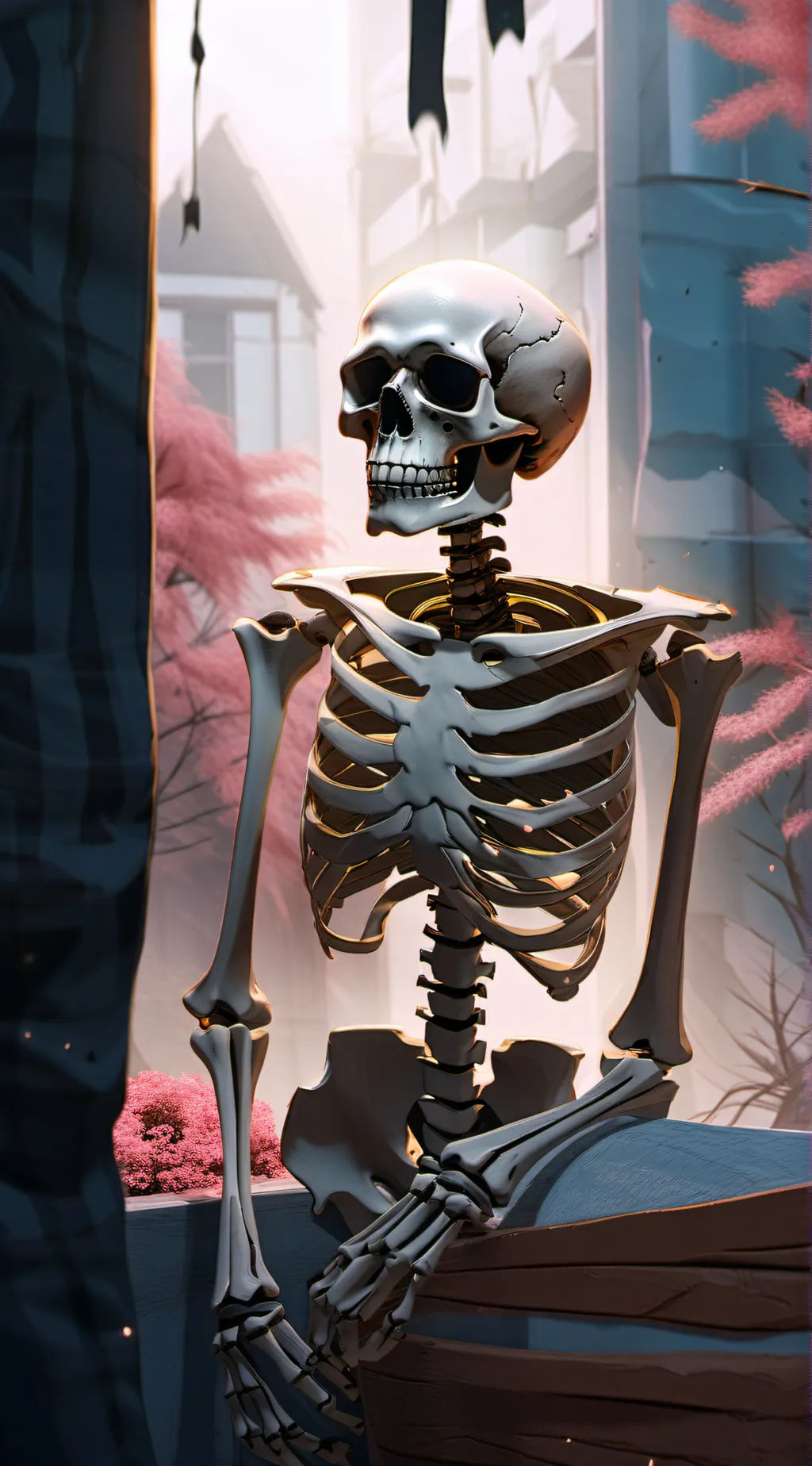 ai character: Sad skeleton  background
