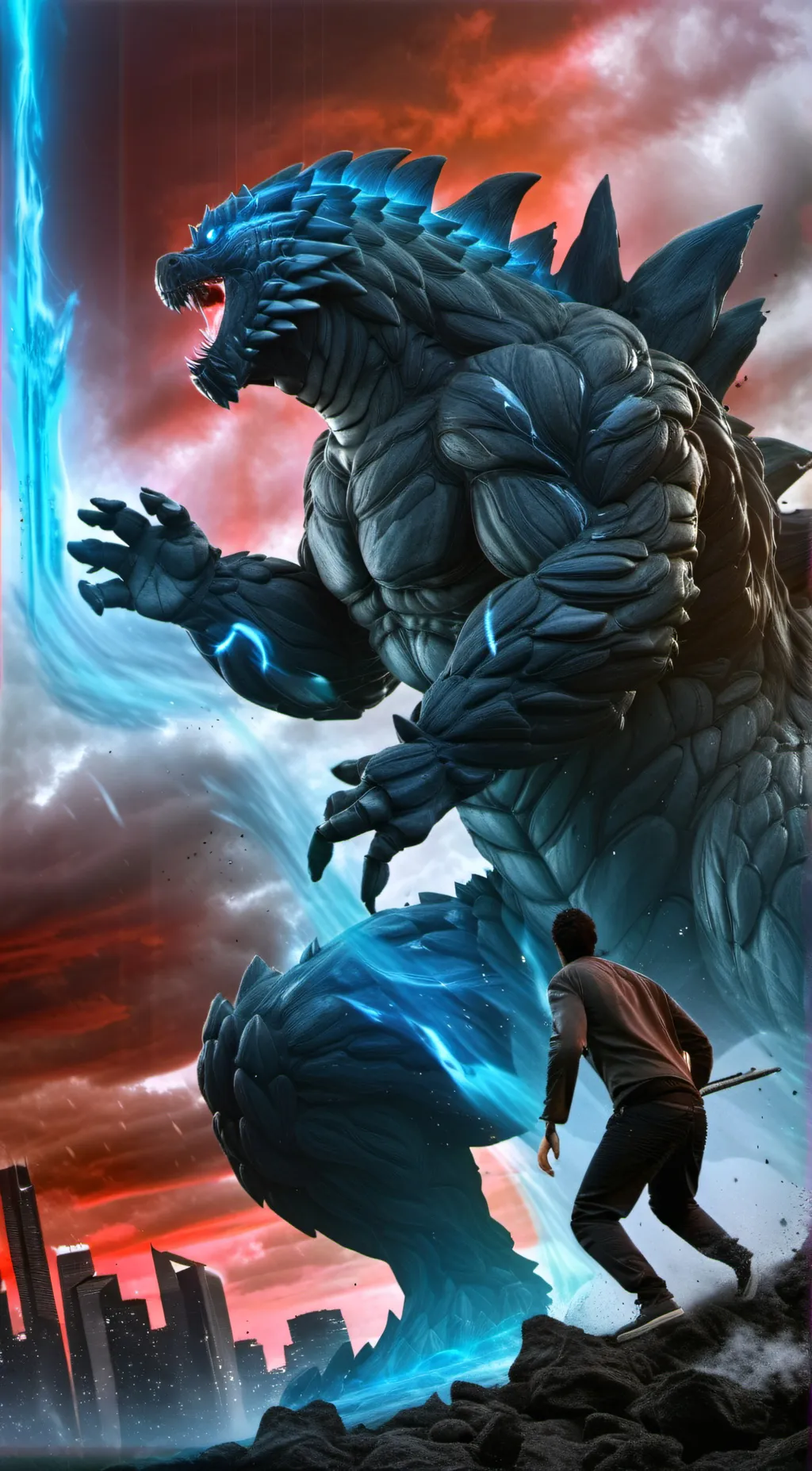 ai character: Godzilla  background