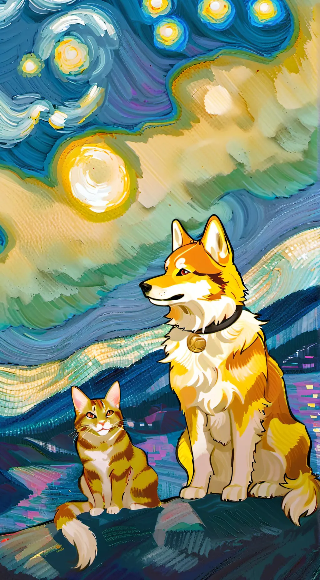 ai character: golden dog and cat background