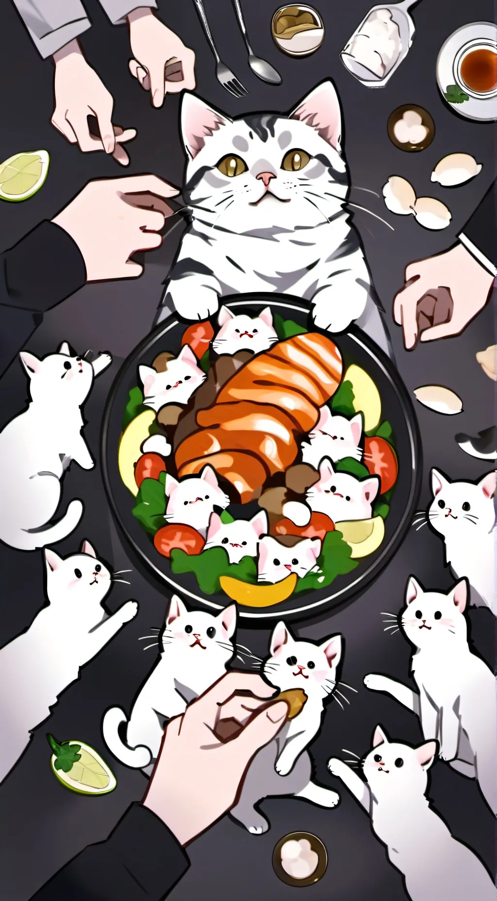 ai character: cat stealing food background