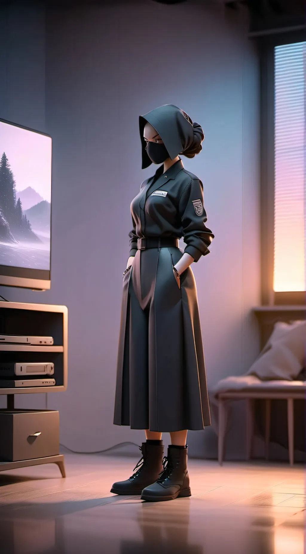 ai character: Tv woman  background