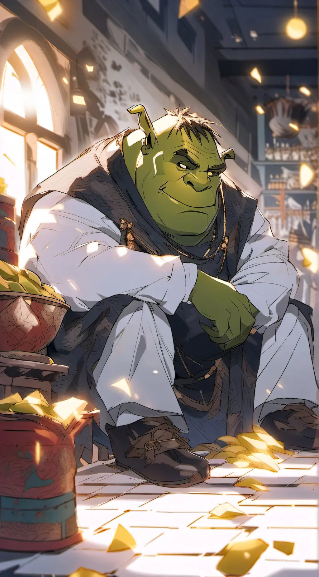 ai character: SHREK  background