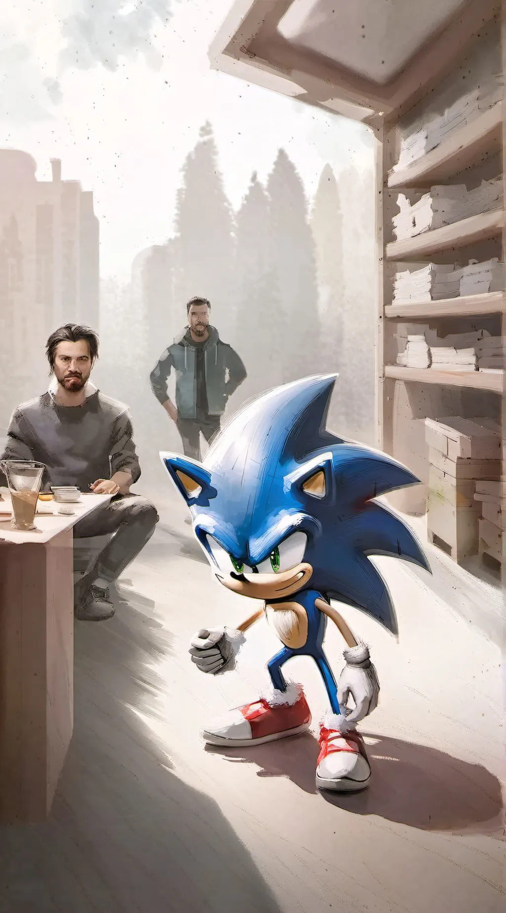 ai character: sonic crew in IKEA background