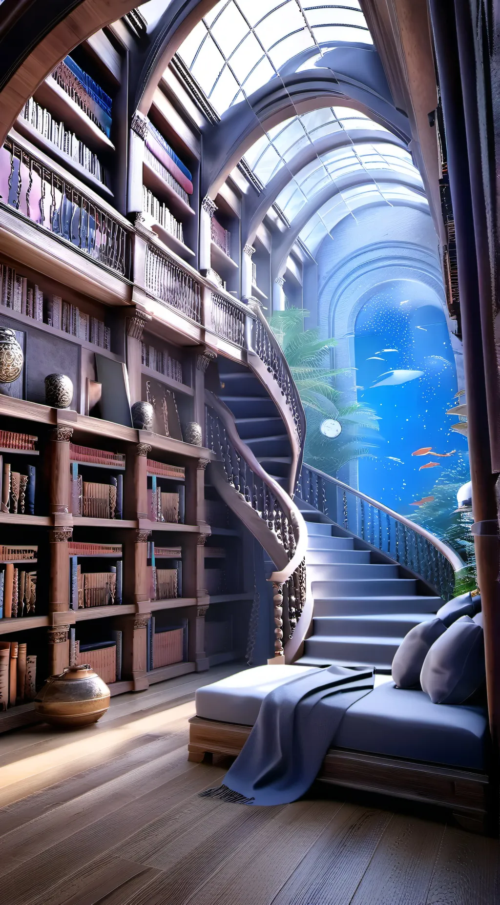 ai character: underwater library background