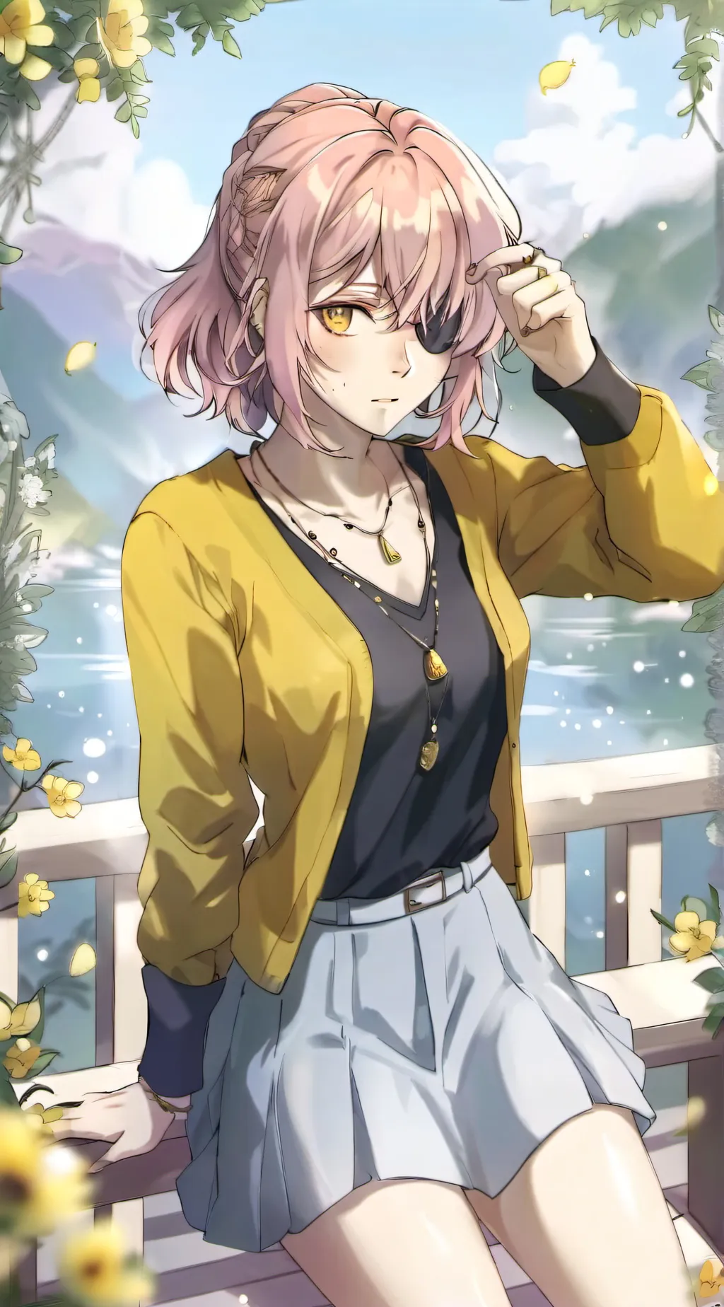 ai character: yellow cardigan  background