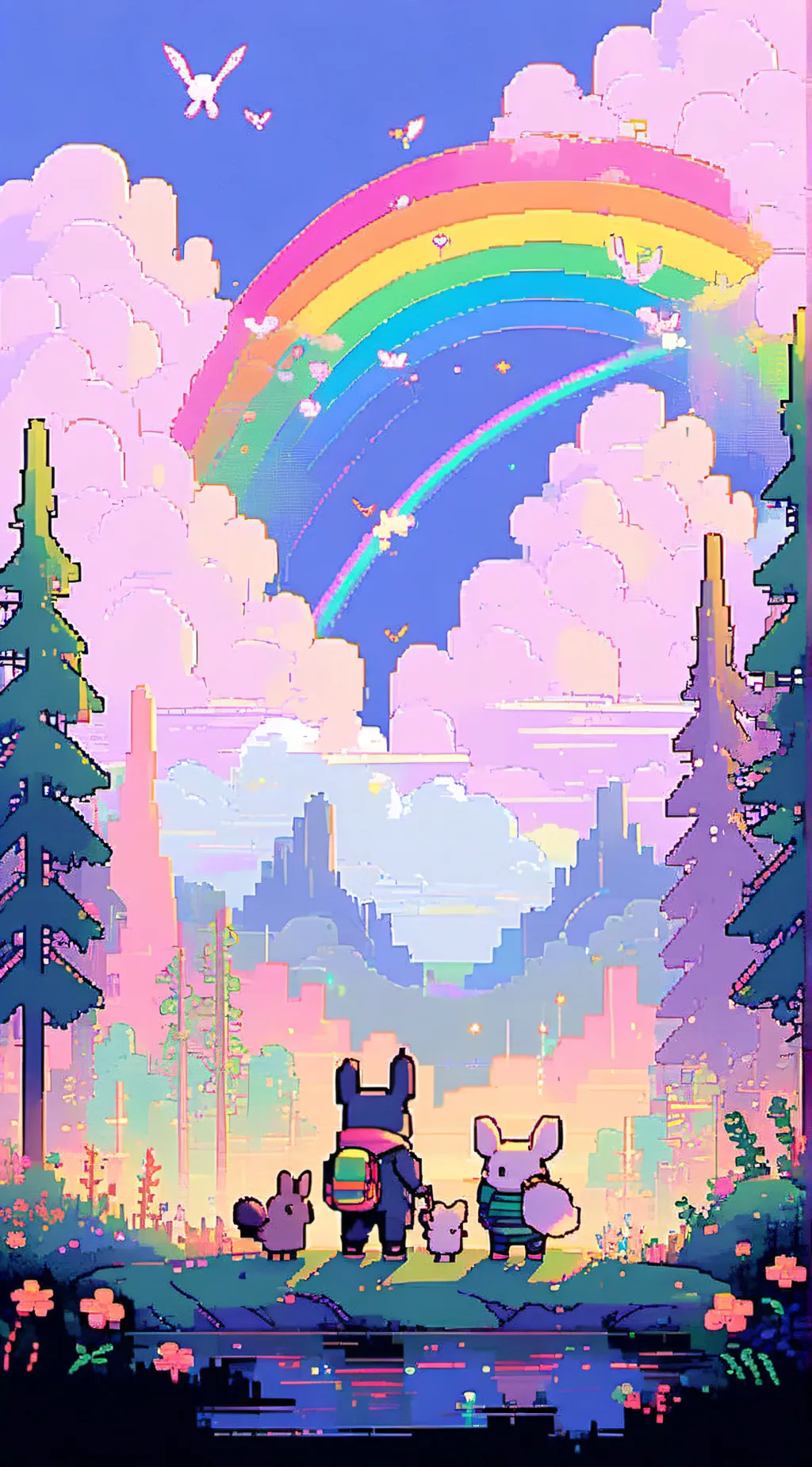 ai character: smiling  vs rainbo background