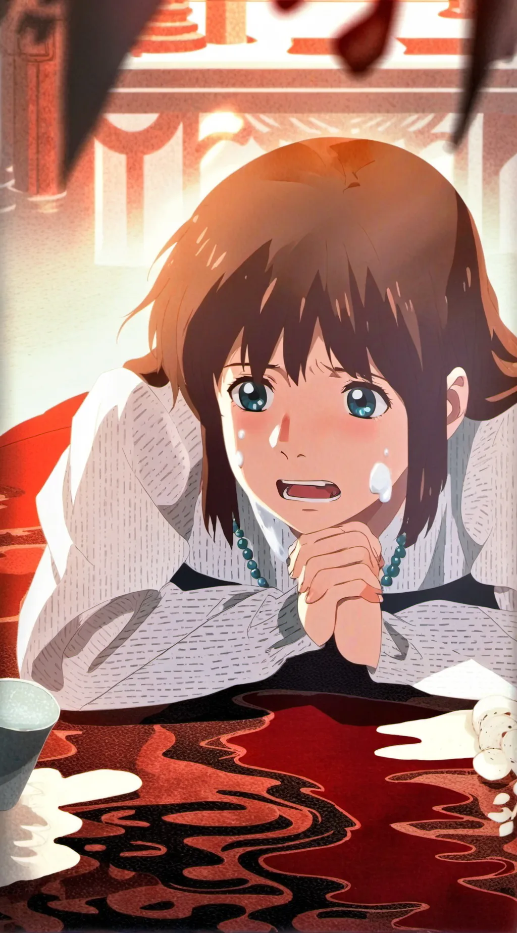 ai character: olive git sad. background