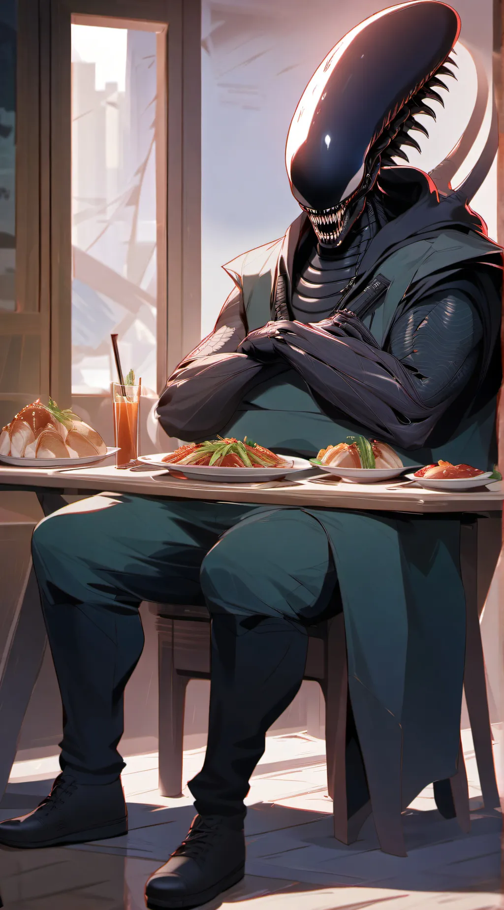 ai character: Fat Xenomorh  background