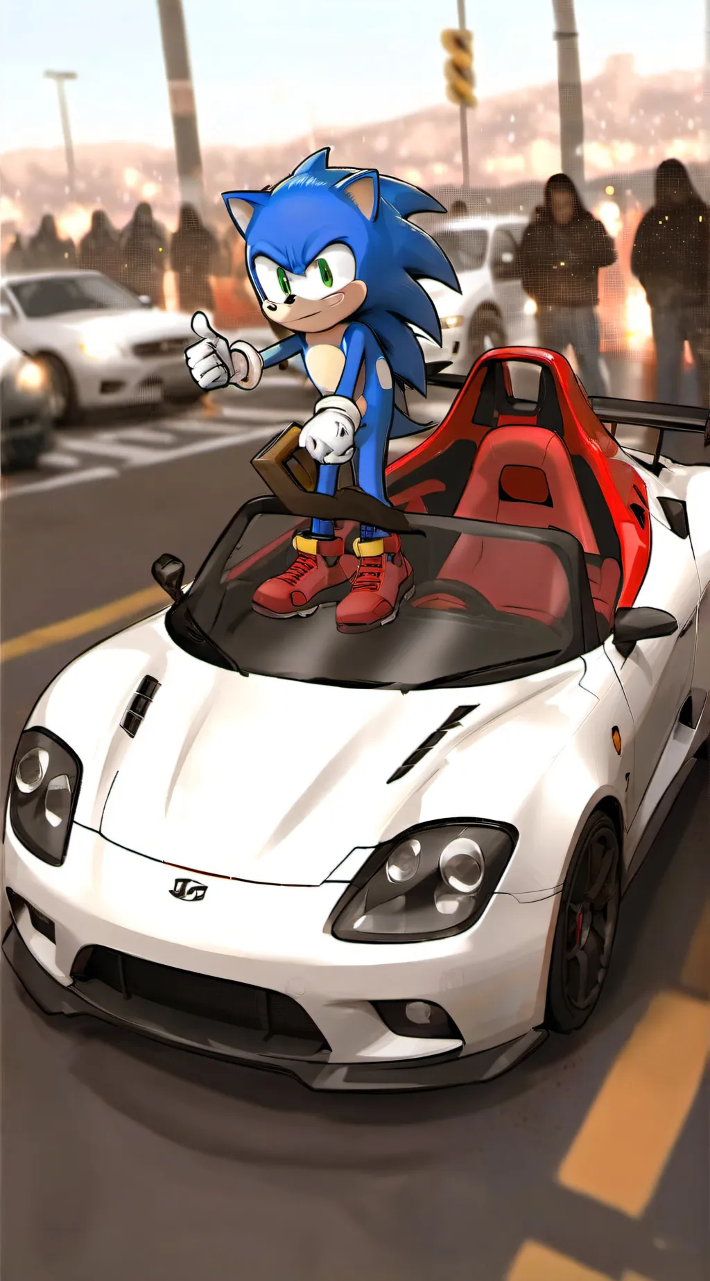 ai character: sonic in car background