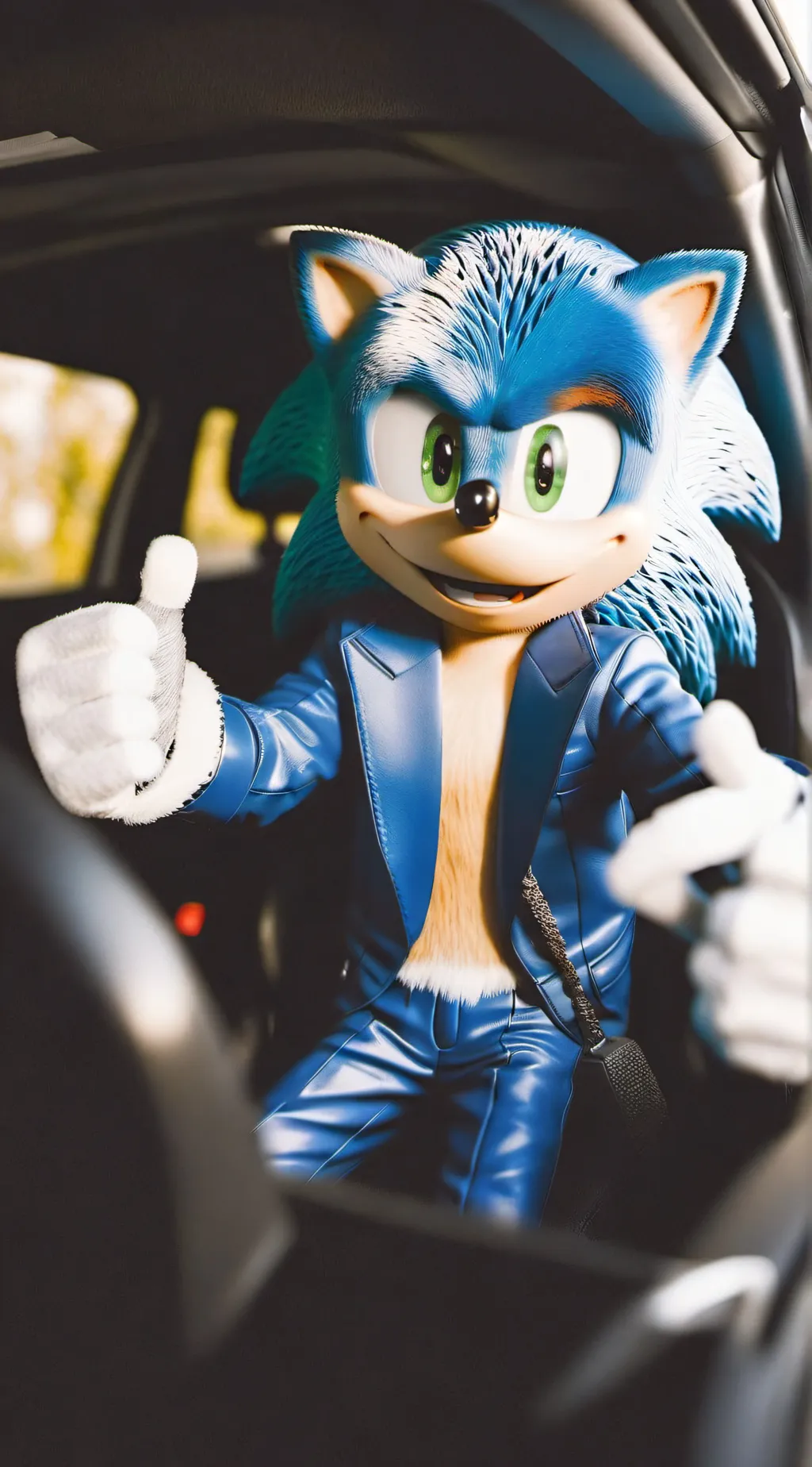 ai character: sonic in a car  background