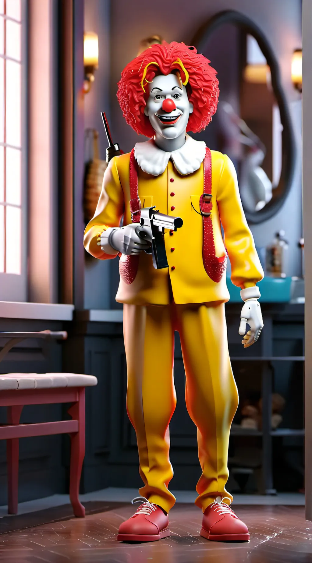 ai character: Ronald McDonald  background