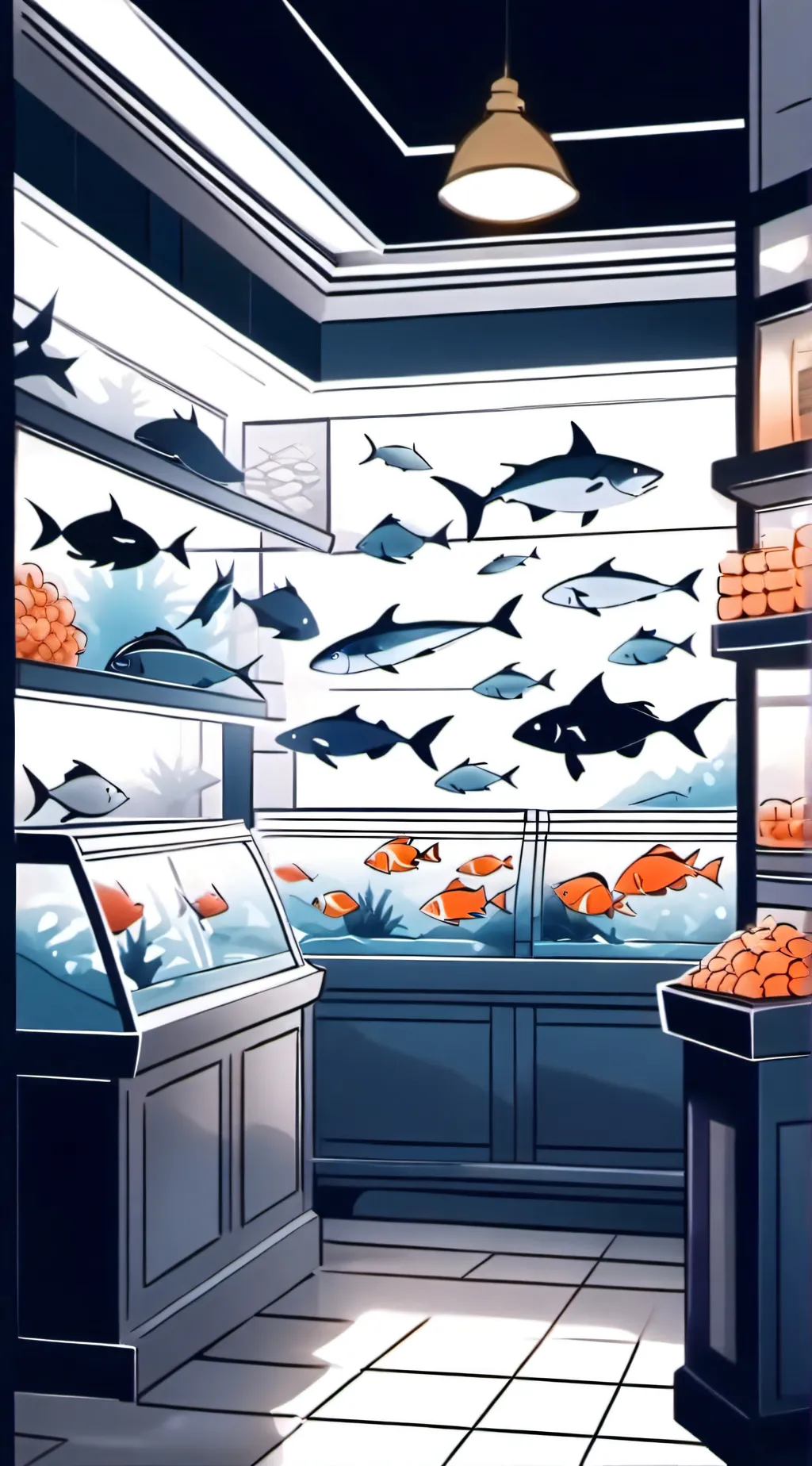 ai character: Fish store  background