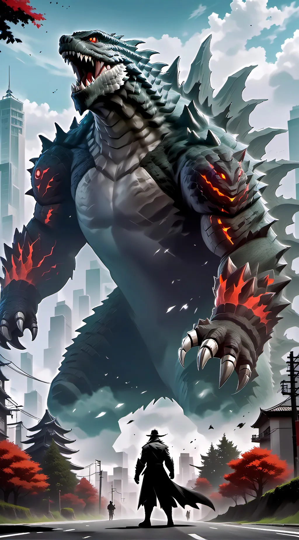 ai character: godzillla in hell background