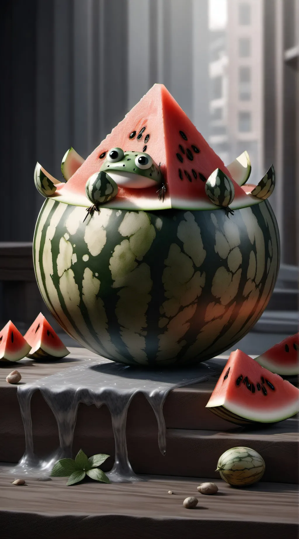ai character: Water melon frog background