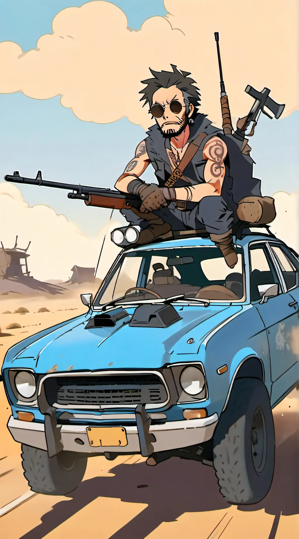 ai character: Mad max Buzzard background