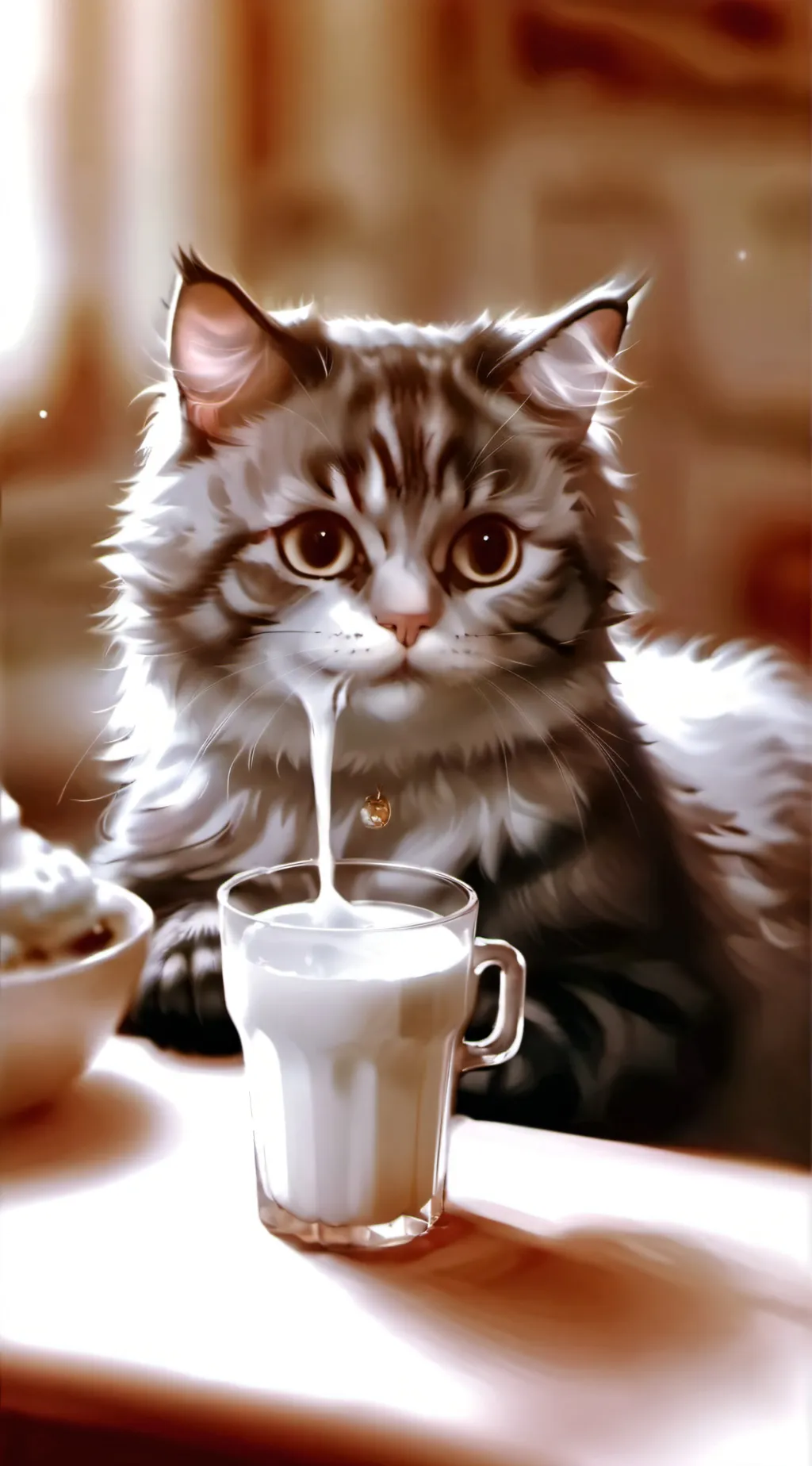 ai character: cat drinking milk background