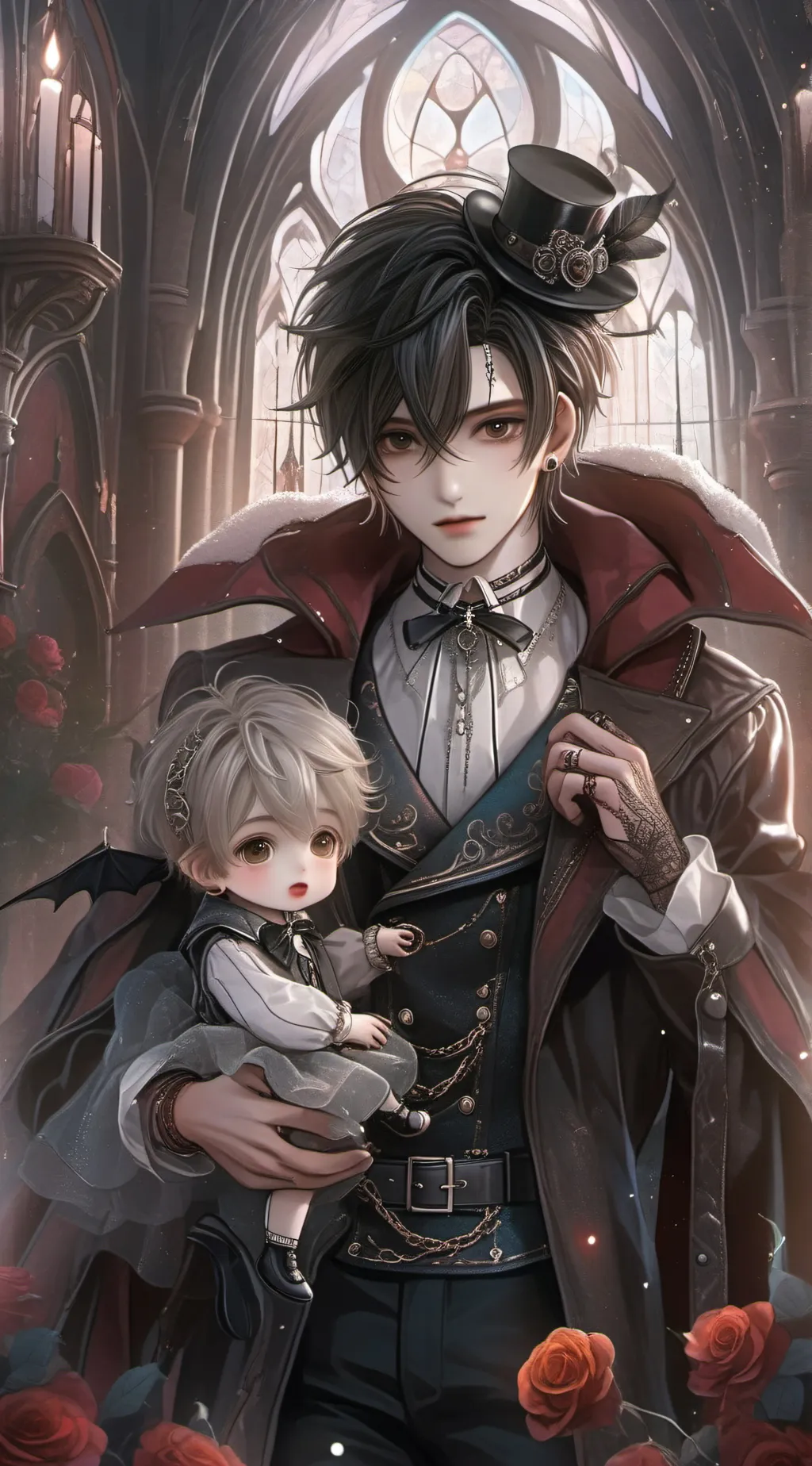 ai character: Dad and baby  background