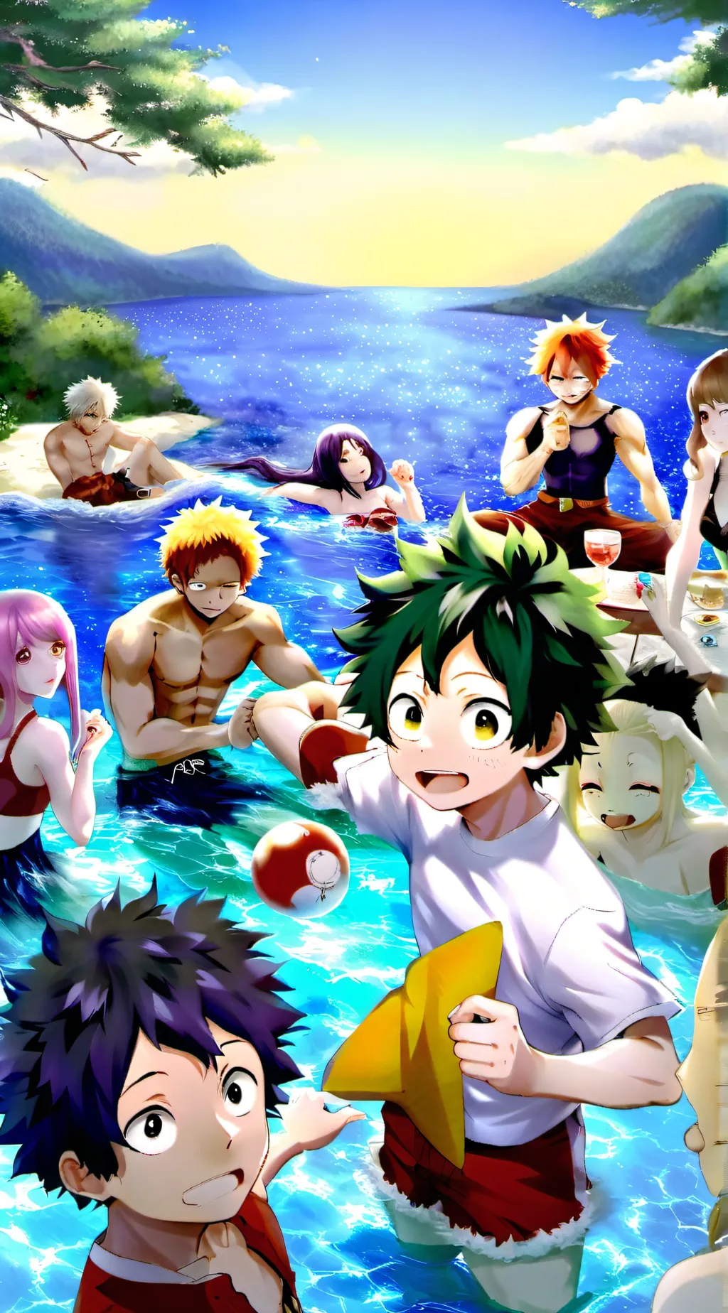ai character: Mha beach day  background