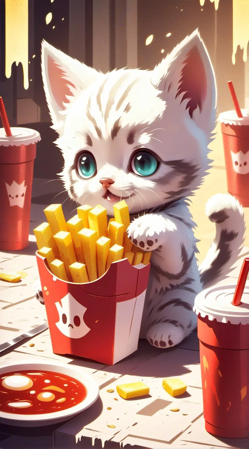 ai character: Cat with fries background