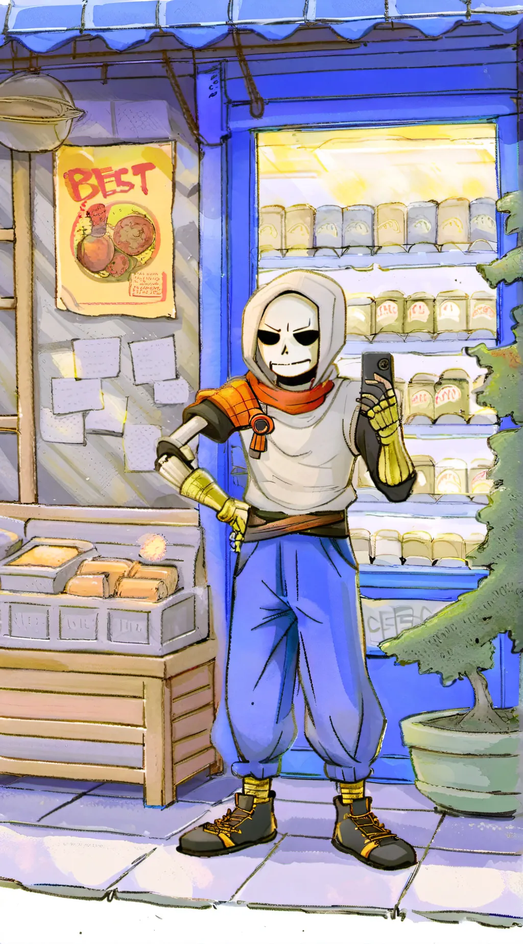 ai character: Papyrus at soup background