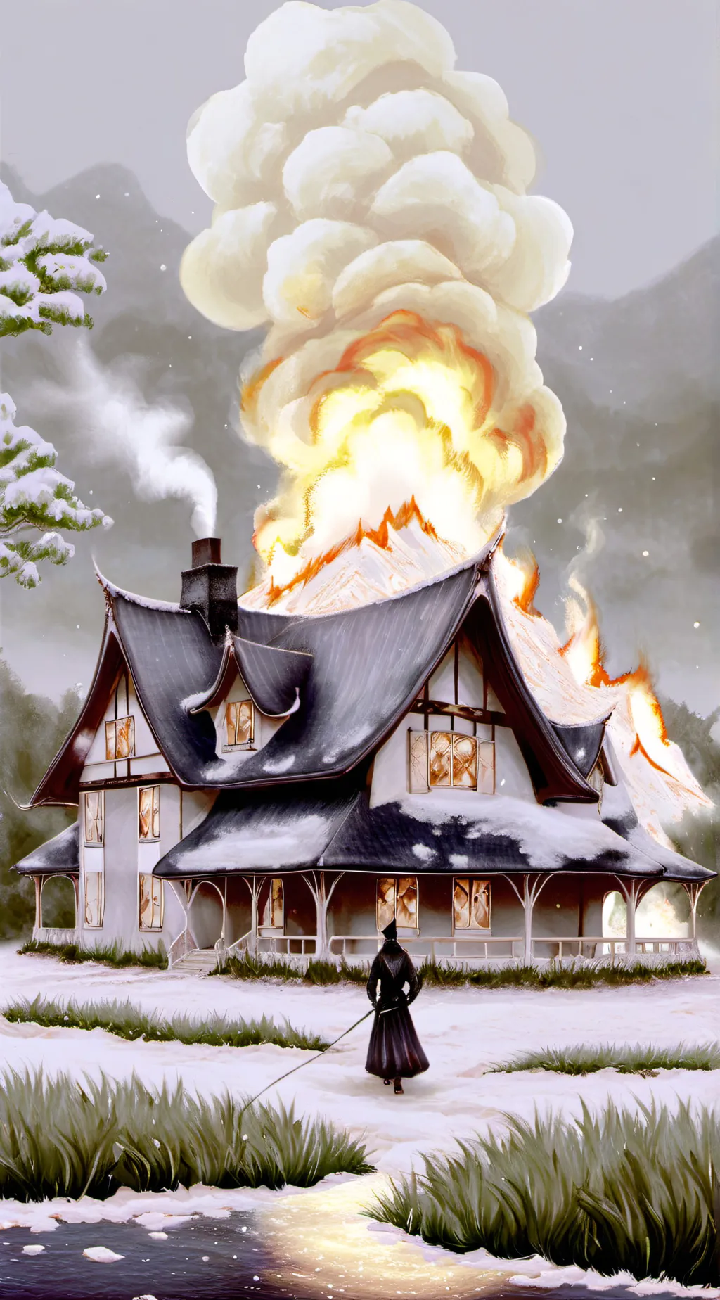 ai character: House on fire background