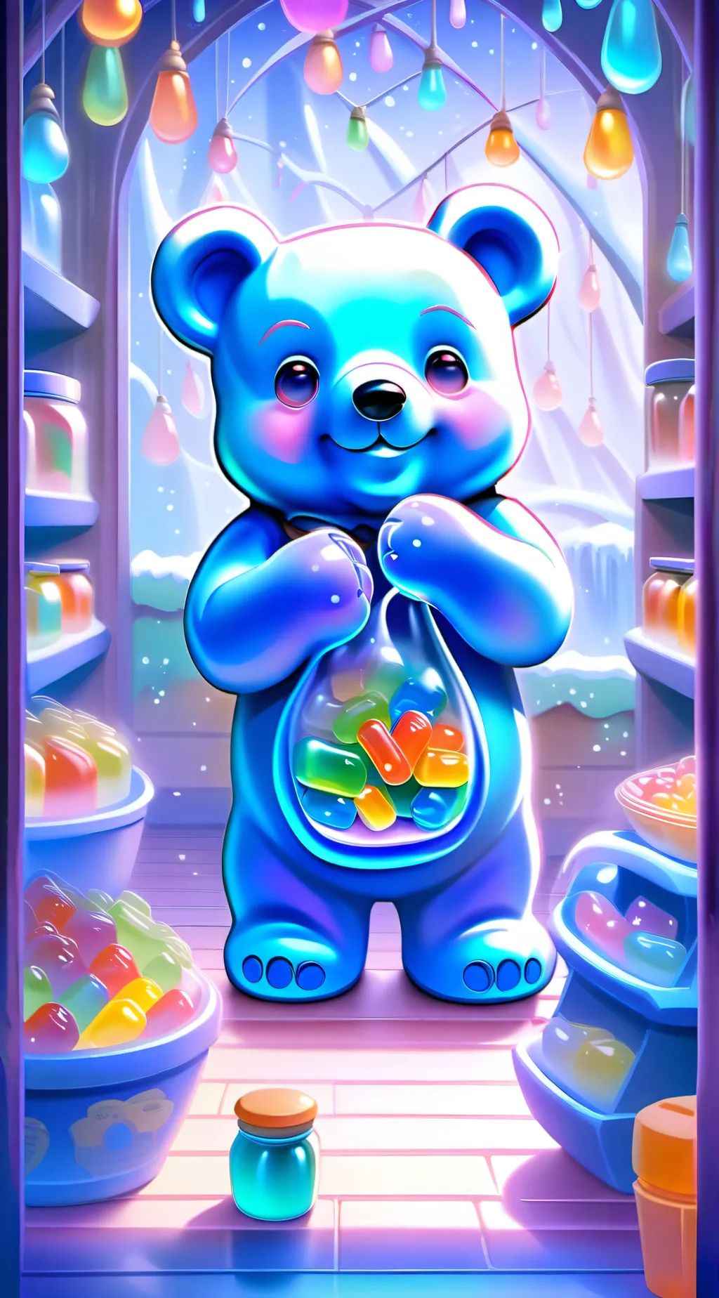 ai character: gummy bear shop background