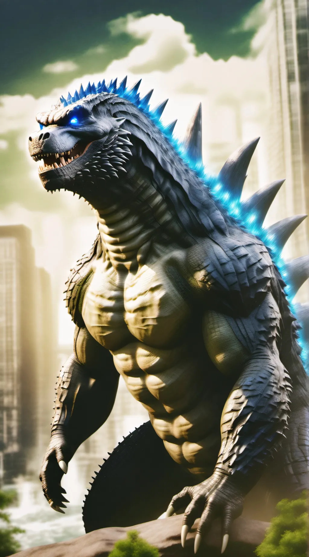 ai character: Godzilla  background
