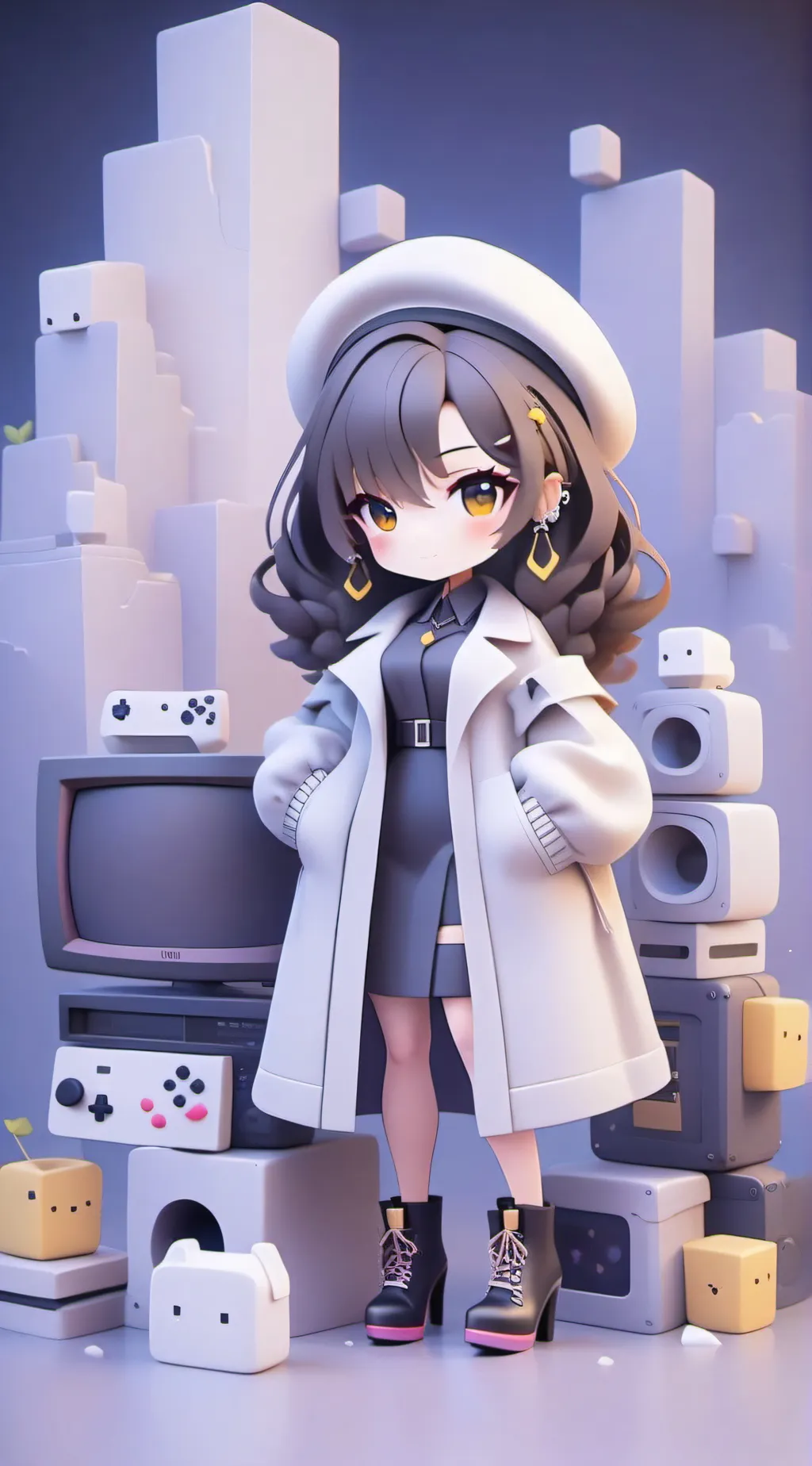 ai character: TV woman  background