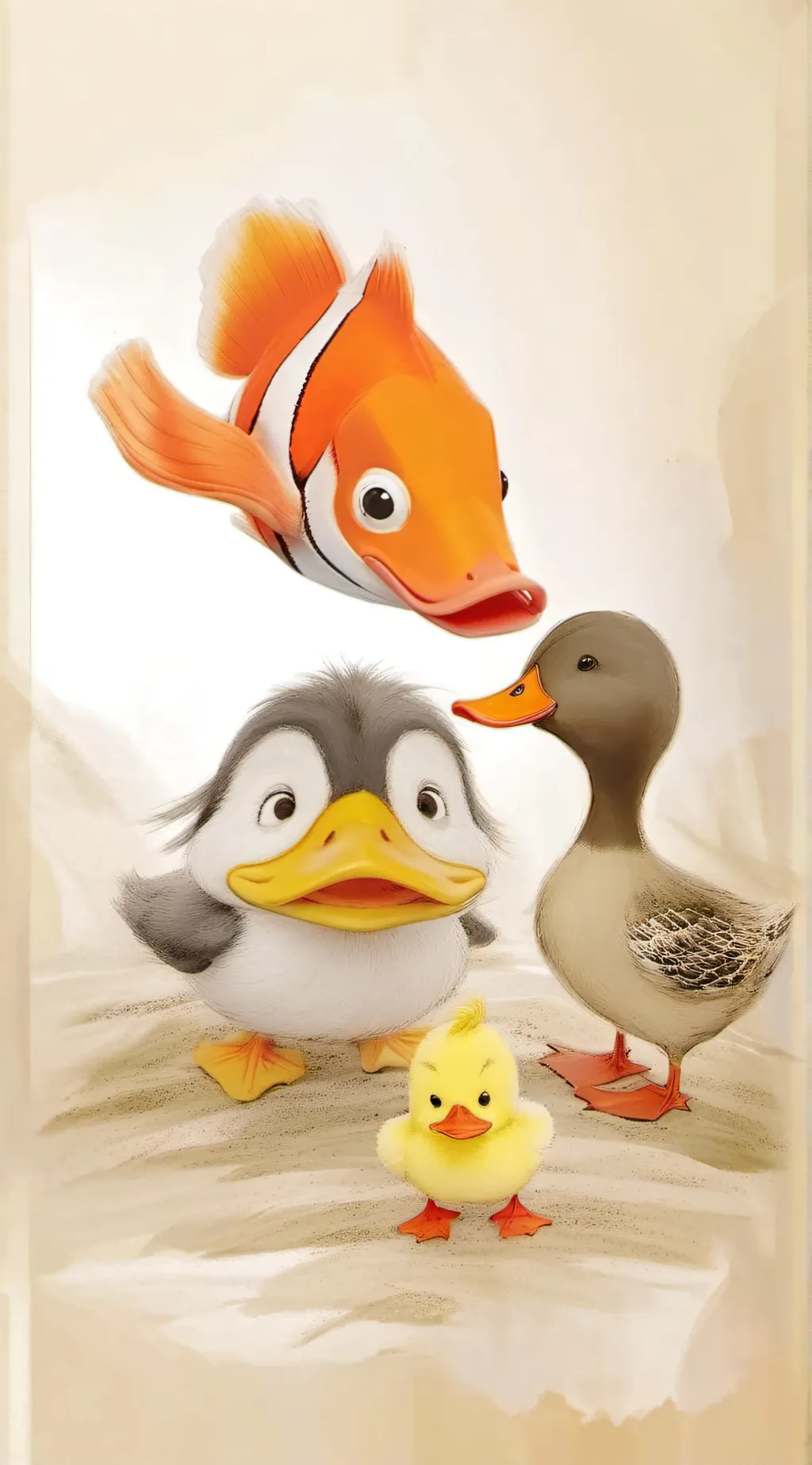ai character: Chick,Nemo,a duck background