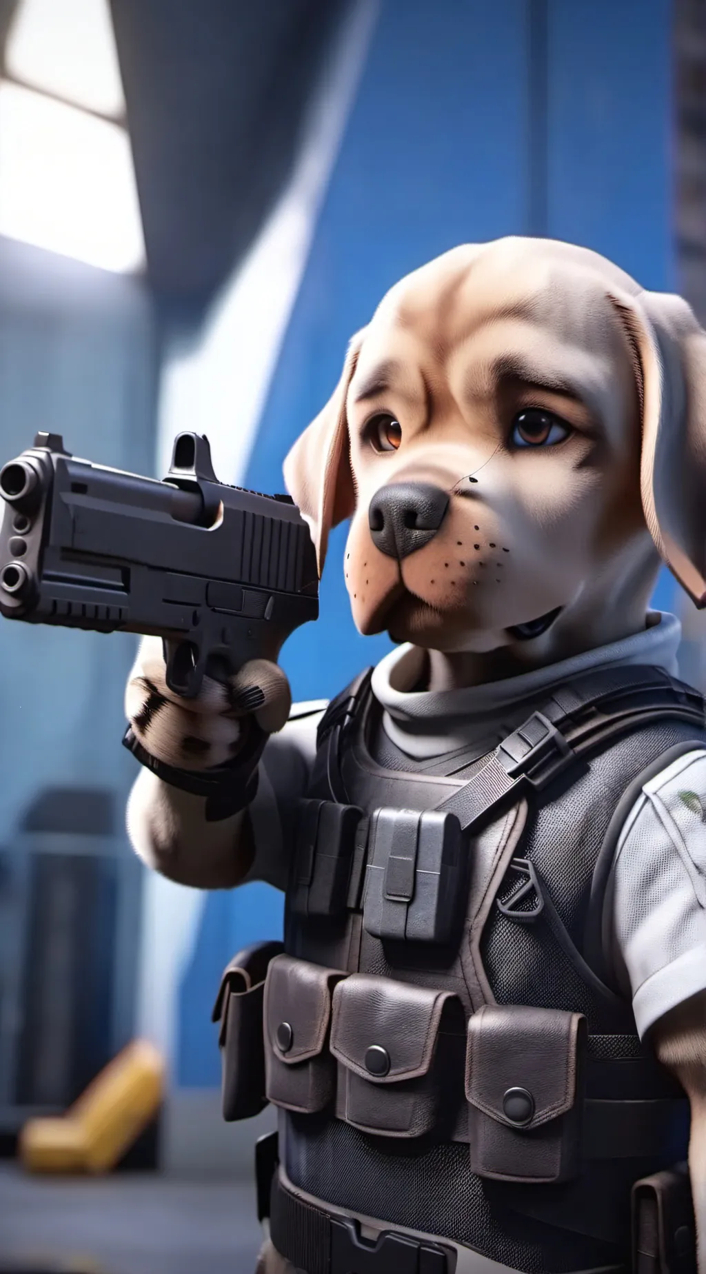 ai character: dog with a GUN background