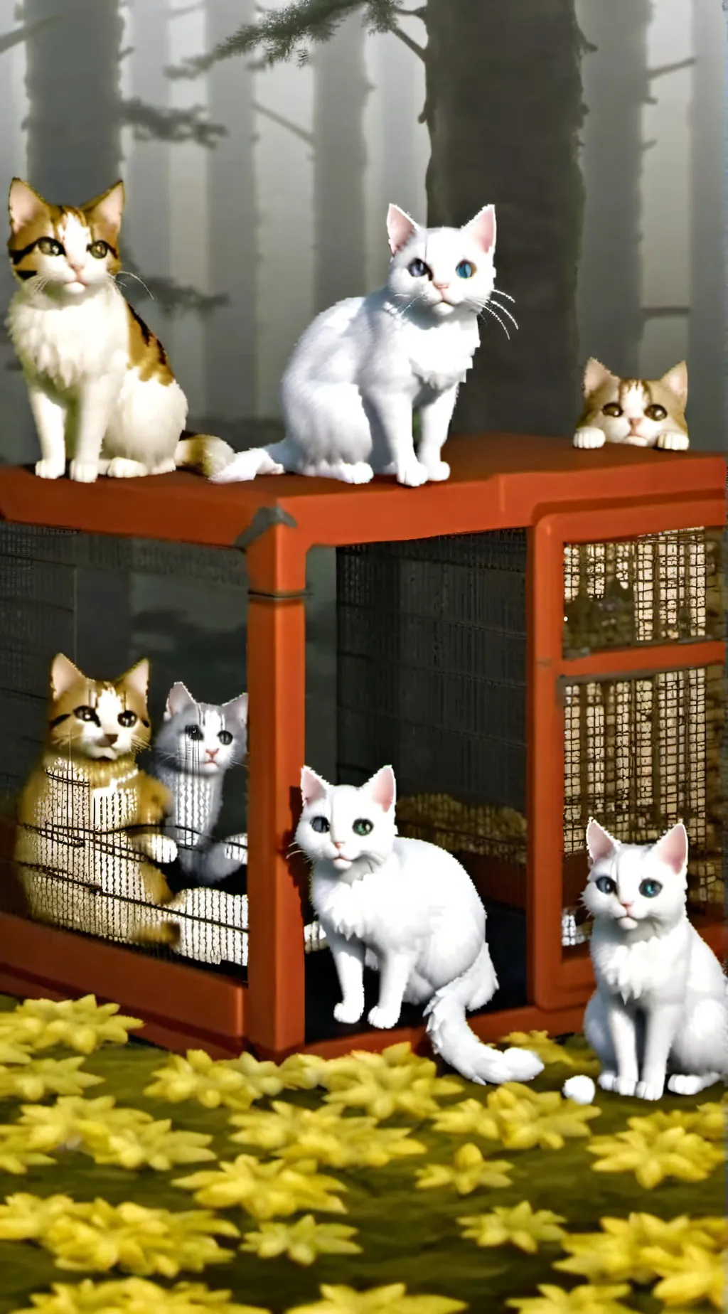 ai character: 7 cats in a cage:3 background