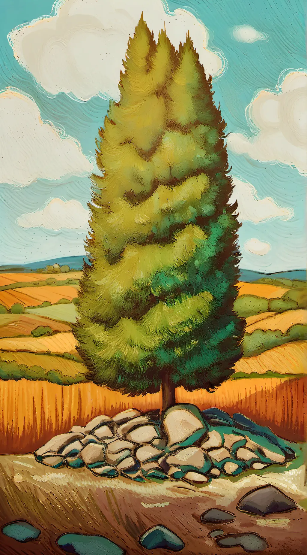 ai character: tree with rocks background