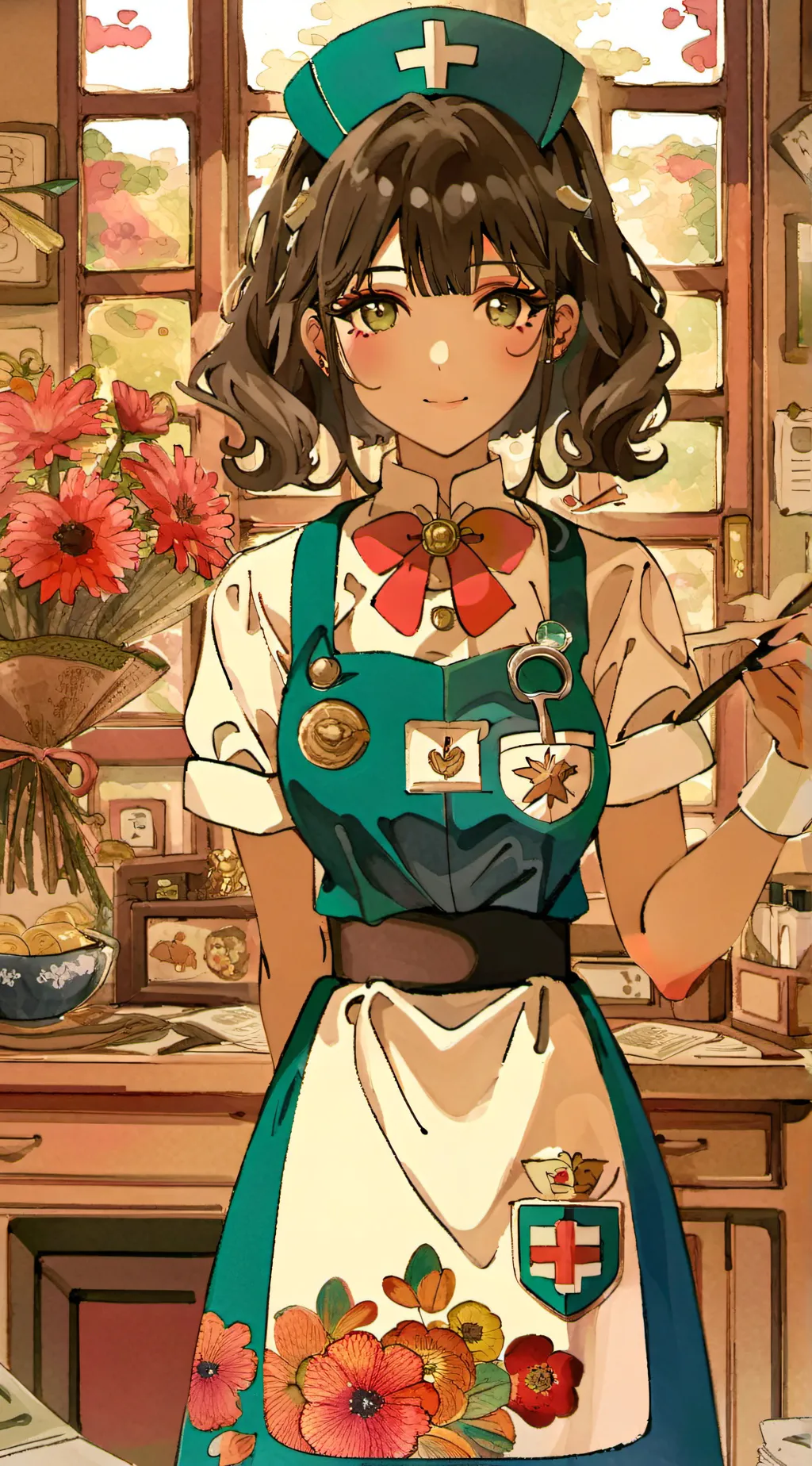 ai character: Nurse apple background