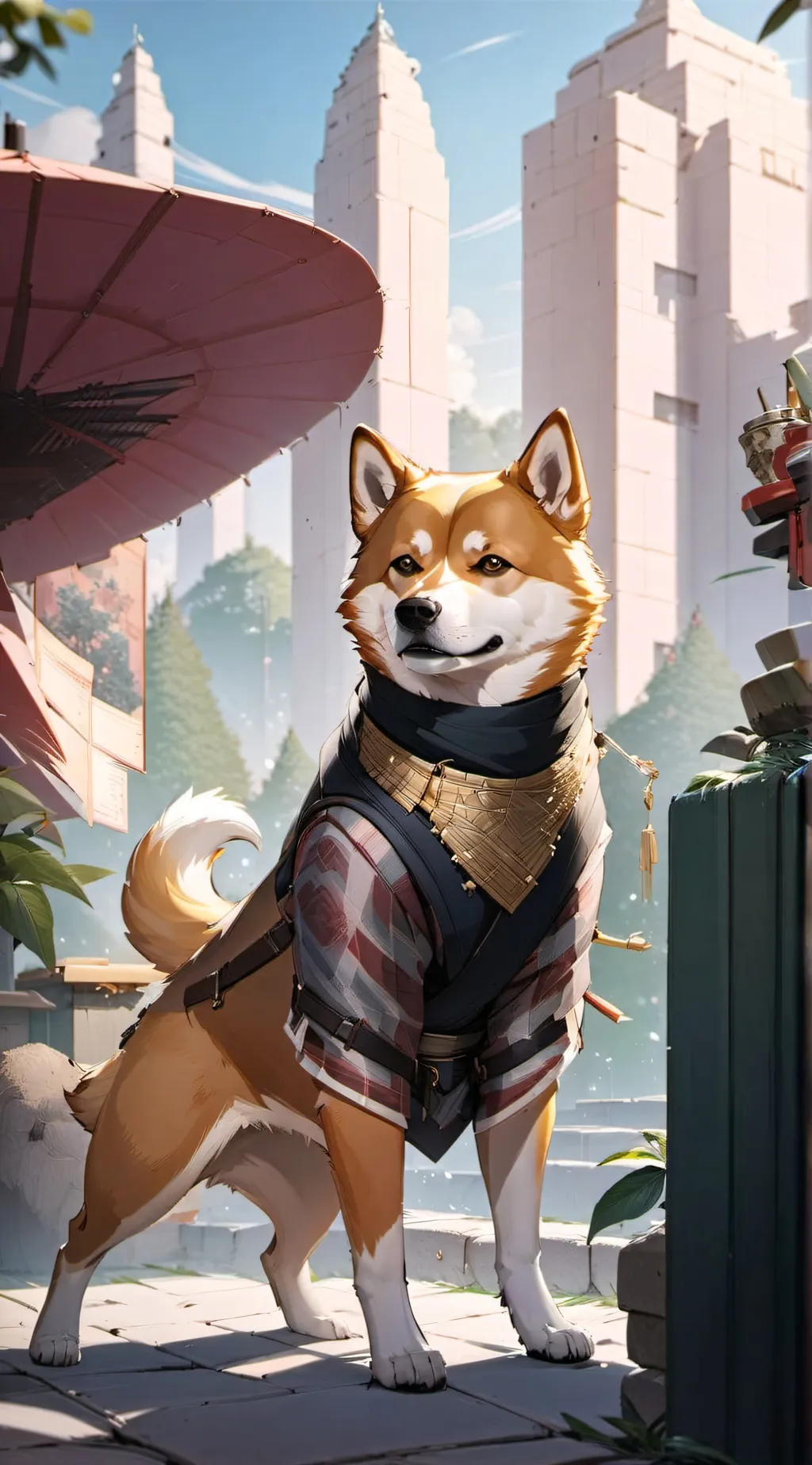 ai character: Female shiba inu  background
