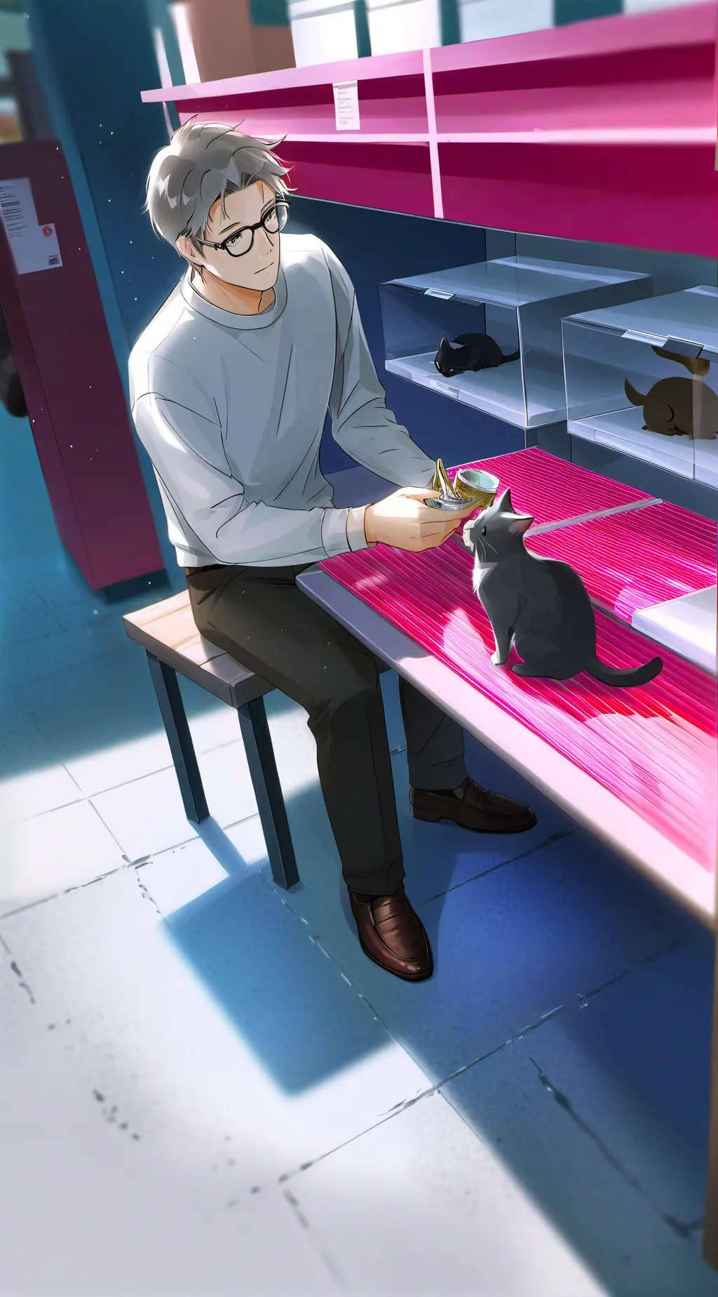 ai character: your cat And a man background