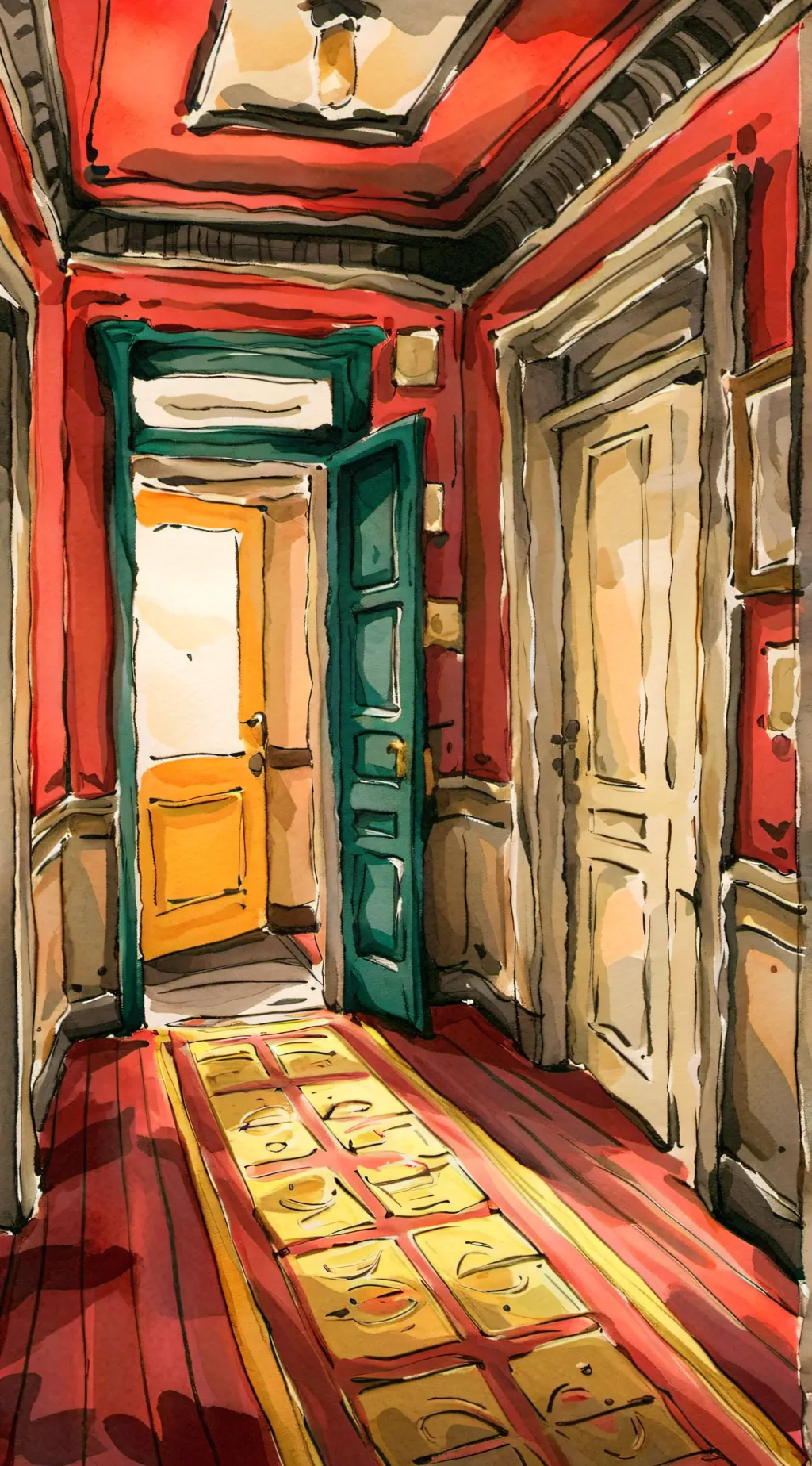 ai character: Red door yellow background