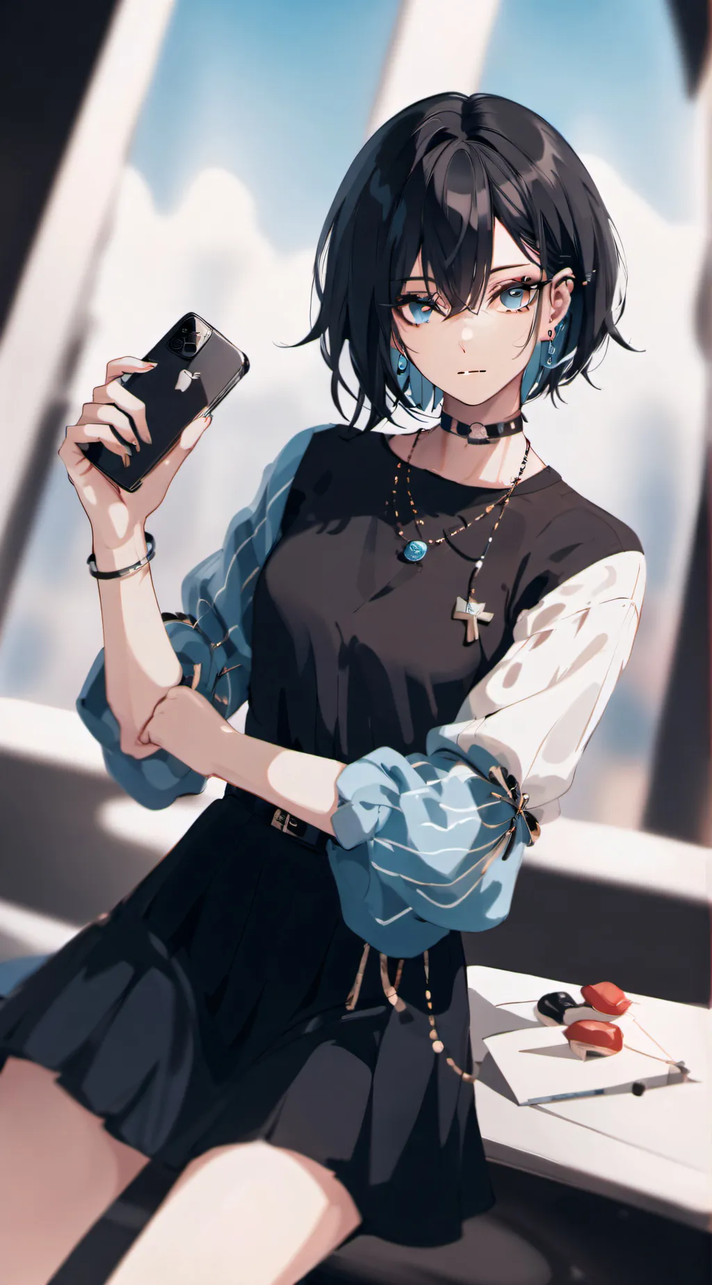 ai character: In the bathroom.  background